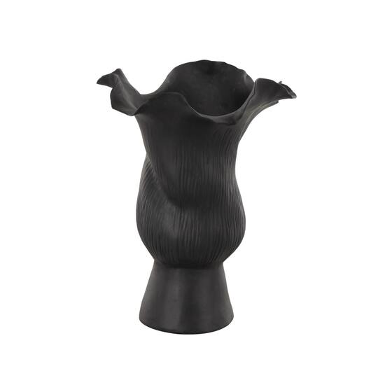 10.5" Black Ceramic Abstract Floral Vase with Linear Grooves